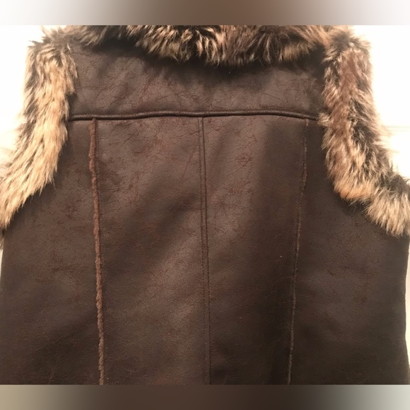 Faux Fur Faux Leather Vest in Dark Brown. Horned Tooth Buttons, Leather Trim - Picture 5 of 8